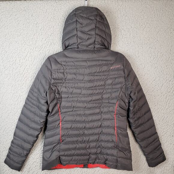 Spyder Down Puffer Jacket Womens M Gray Pink Hooded Zip Winter Ski Luxe 38x26 - Picture 3 of 14